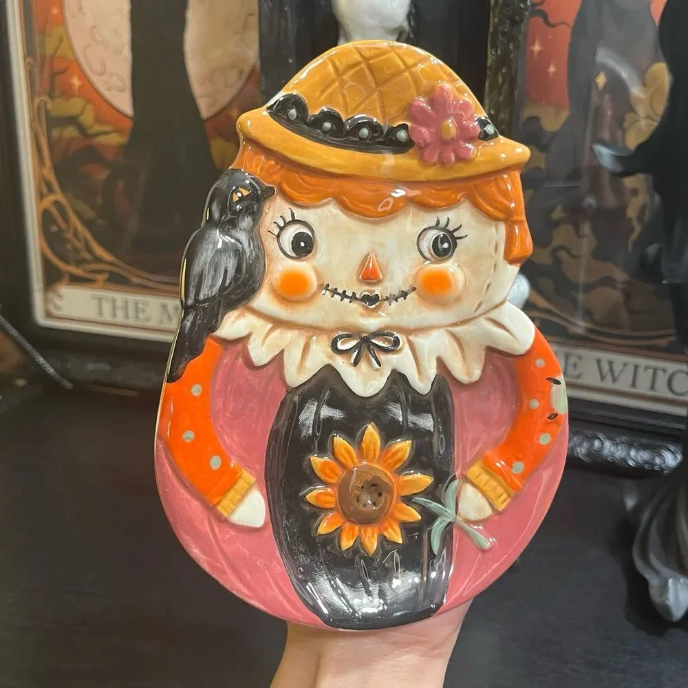 Johanna Parker Fall Thanksgiving Scarecrow Woman with Crow Bird Mini Plate